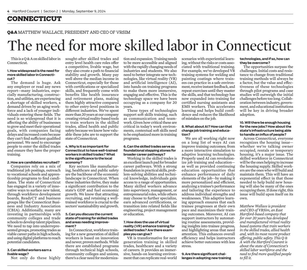 Hartford Courant article "The need for more skilled labor in Connecticut"